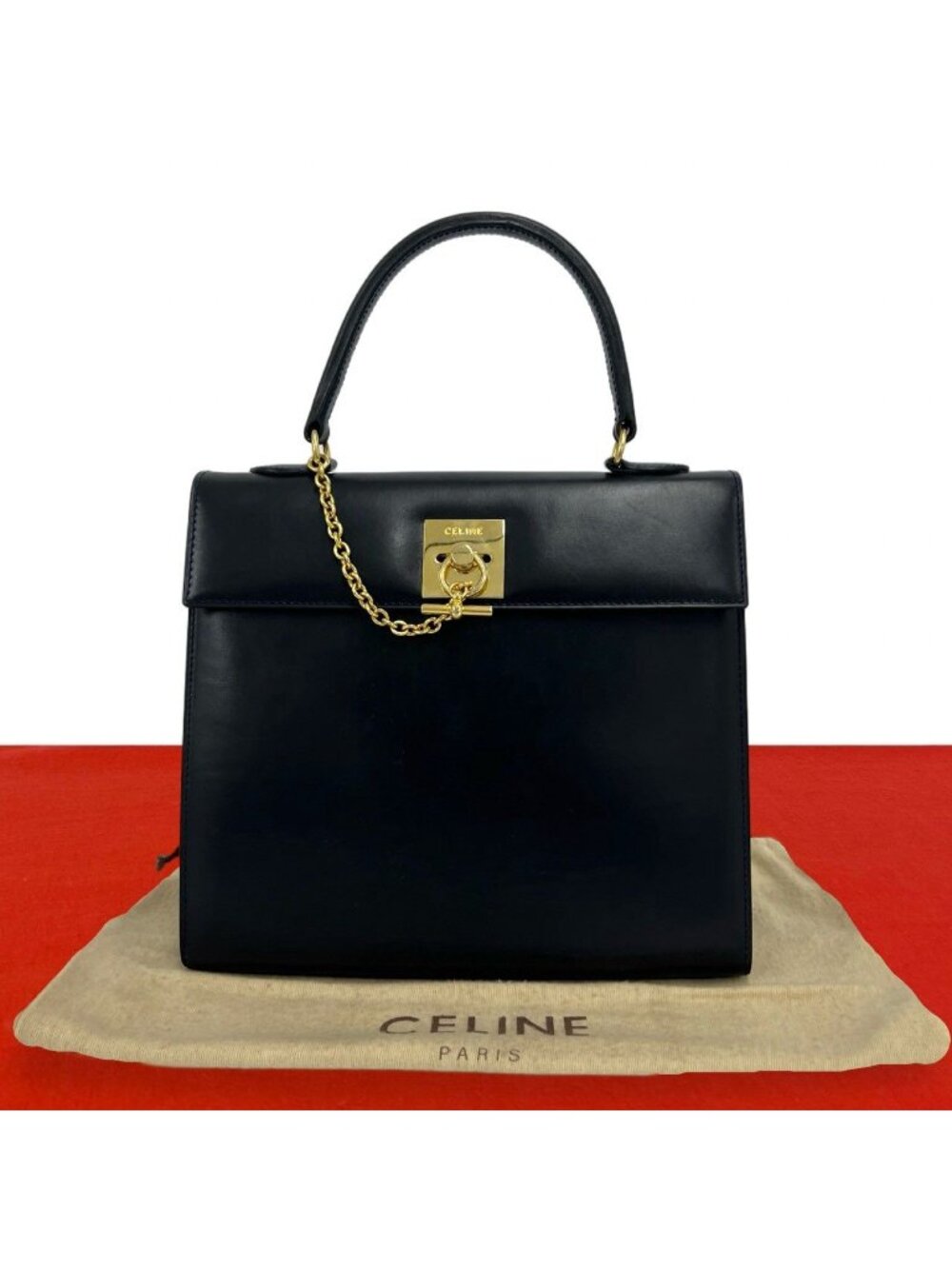 Celine Vintage Logo Ring Calf Leather Handbag Mini Tote Black